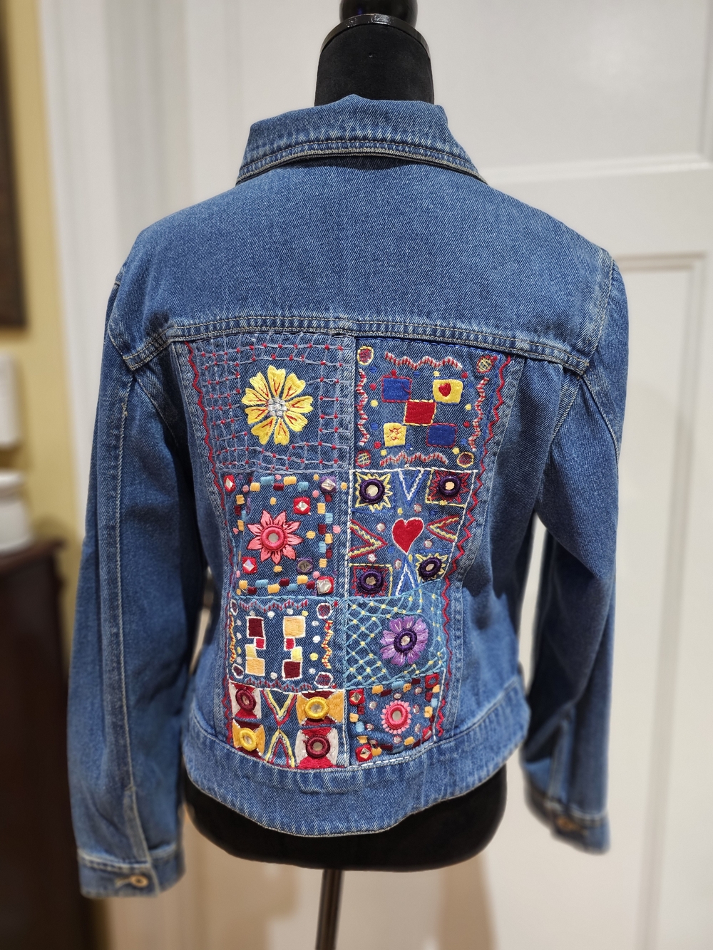 Embroidered Blue Denim Jacket with Colorful Patchwork